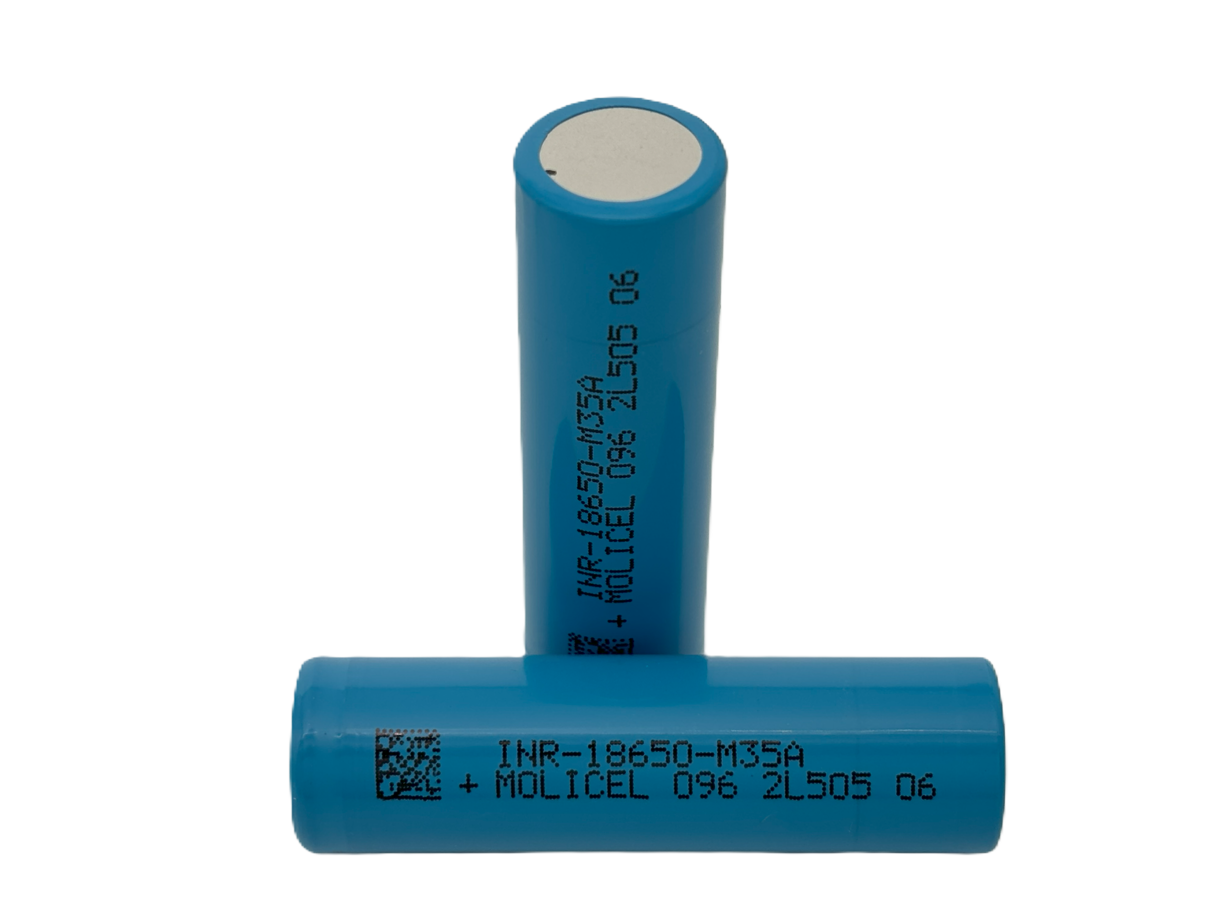 A single blue Molicel M35A 18650 lithium-ion battery with printed text on its body.