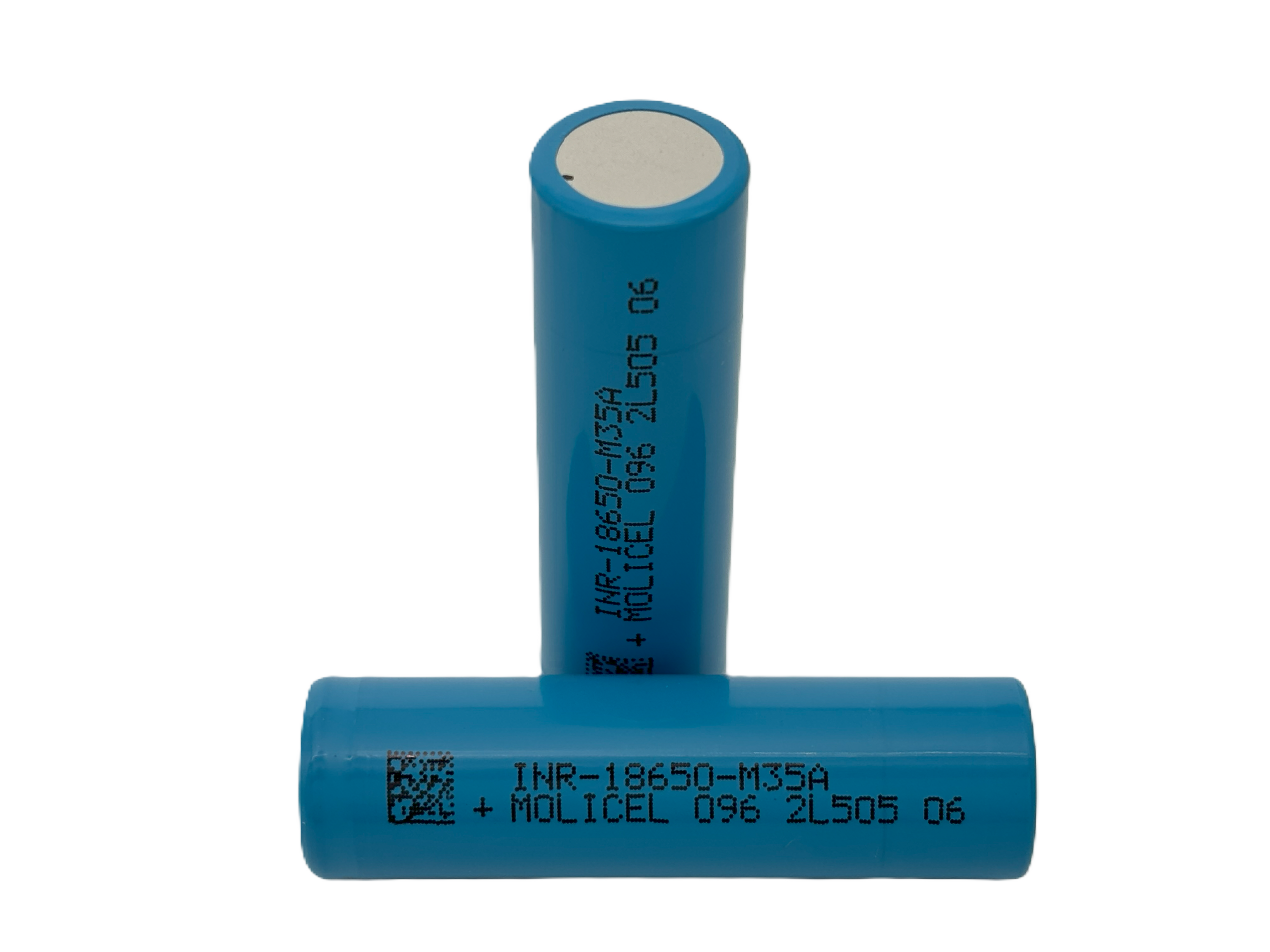 A single blue Molicel M35A 18650 lithium-ion battery with printed text on its body.