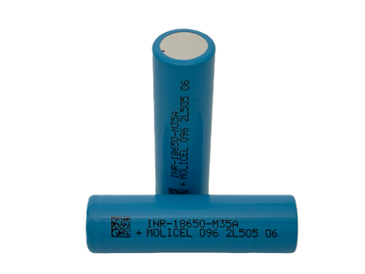 A single blue Molicel M35A 18650 lithium-ion battery with printed text on its body.