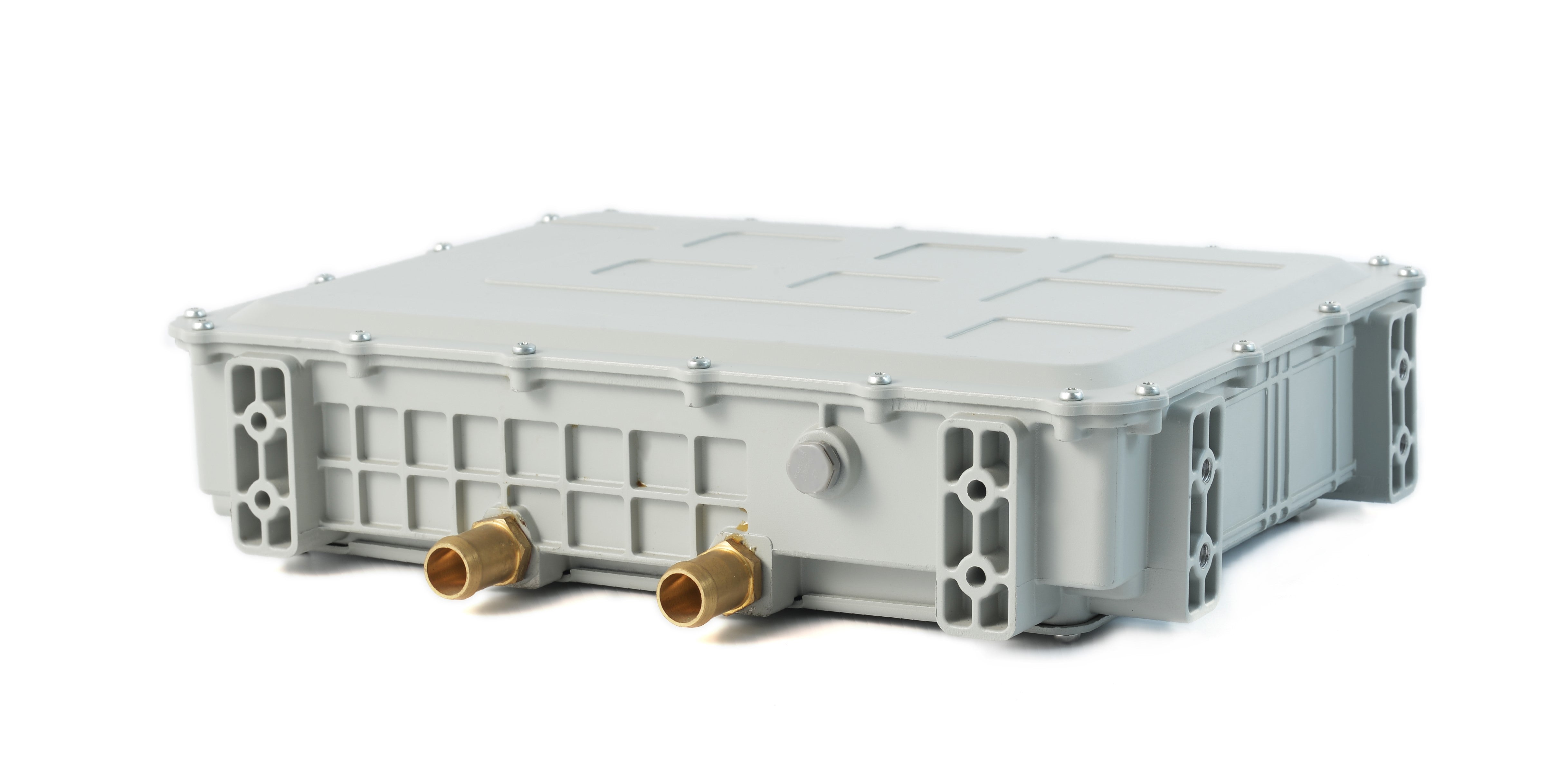 Ovartech 6.6kW Charger with an integrated 1.5 kW DC-DC Converter - Back View, two cooling ports are depicted