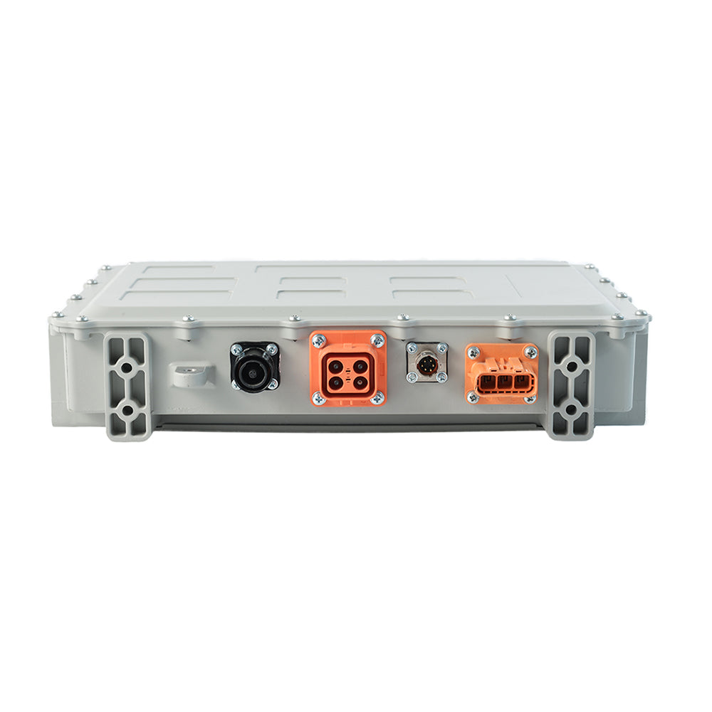 Ovartech 6.6kW Charger with an integrated 1.5 kW DC-DC Converter - Front View, charger ports are depicted